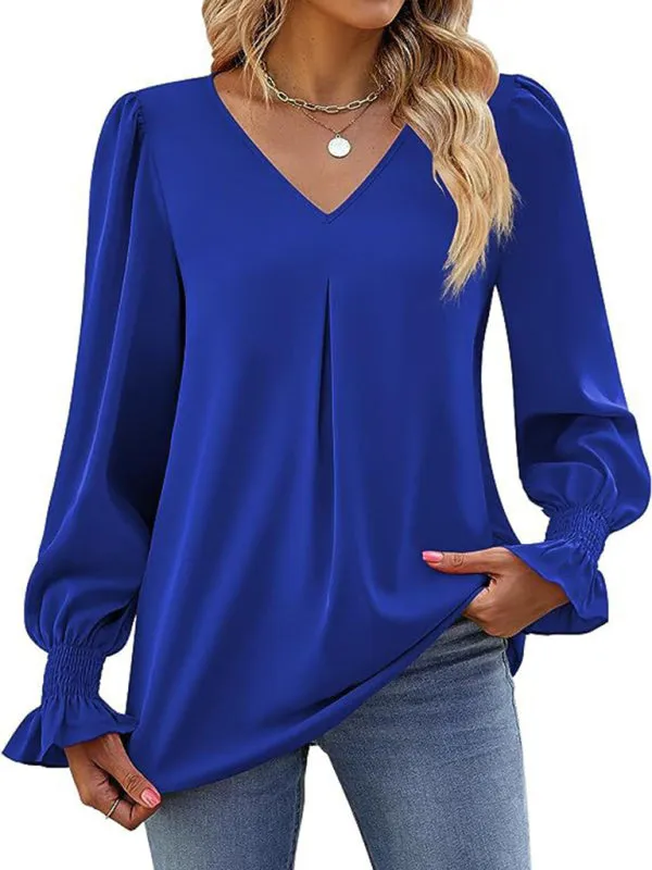 Trendy V-Neck Chiffon Blouse with Ruffle Cuffs