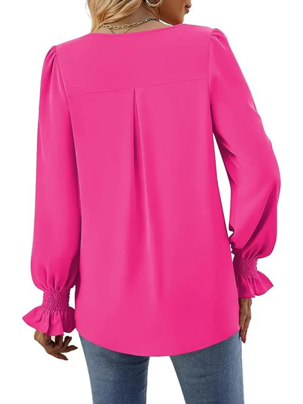 Trendy V-Neck Chiffon Blouse with Ruffle Cuffs