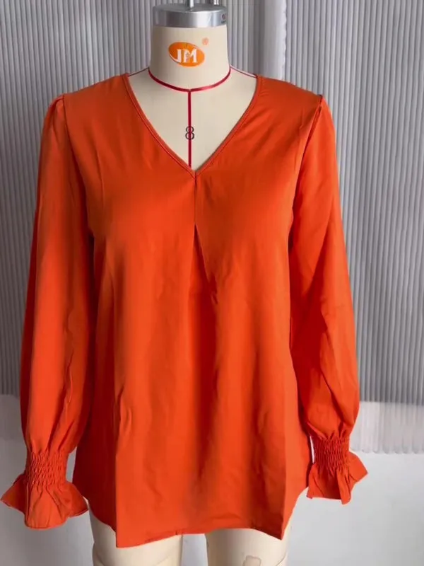 Trendy V-Neck Chiffon Blouse with Ruffle Cuffs