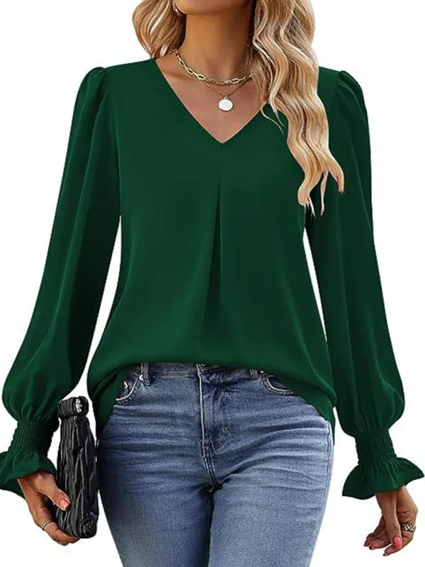 Trendy V-Neck Chiffon Blouse with Ruffle Cuffs