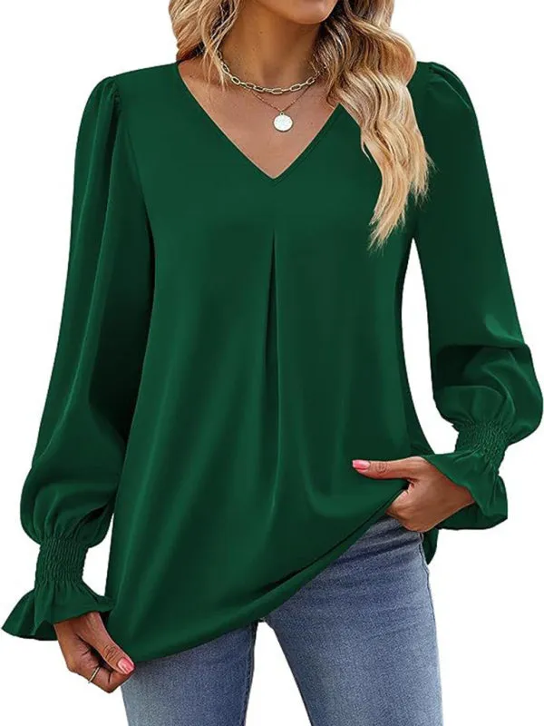 Trendy V-Neck Chiffon Blouse with Ruffle Cuffs