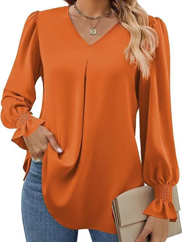 Trendy V-Neck Chiffon Blouse with Ruffle Cuffs