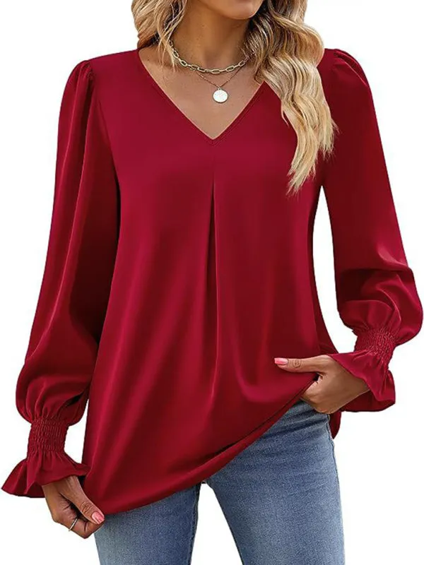 Trendy V-Neck Chiffon Blouse with Ruffle Cuffs