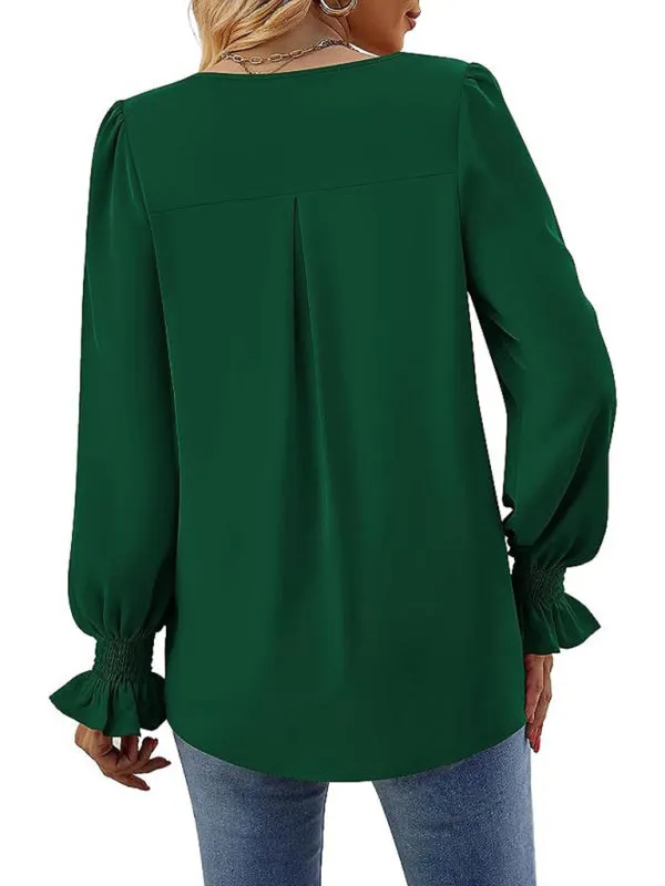 Trendy V-Neck Chiffon Blouse with Ruffle Cuffs