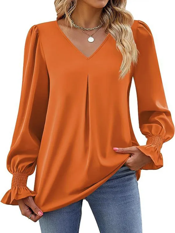 Trendy V-Neck Chiffon Blouse with Ruffle Cuffs