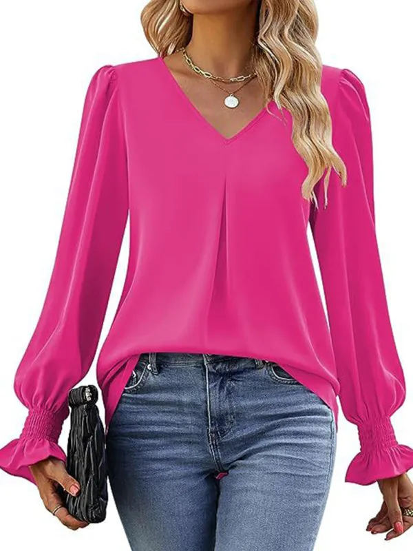 Trendy V-Neck Chiffon Blouse with Ruffle Cuffs