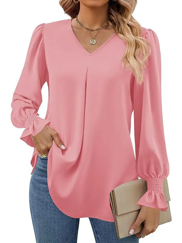 Trendy V-Neck Chiffon Blouse with Ruffle Cuffs