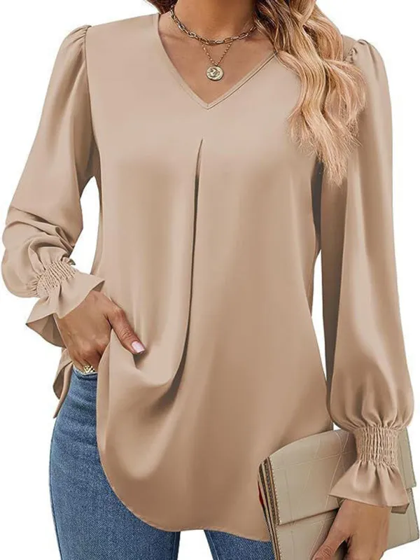 Trendy V-Neck Chiffon Blouse with Ruffle Cuffs