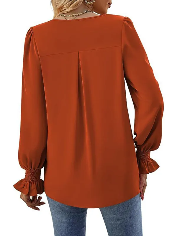 Trendy V-Neck Chiffon Blouse with Ruffle Cuffs