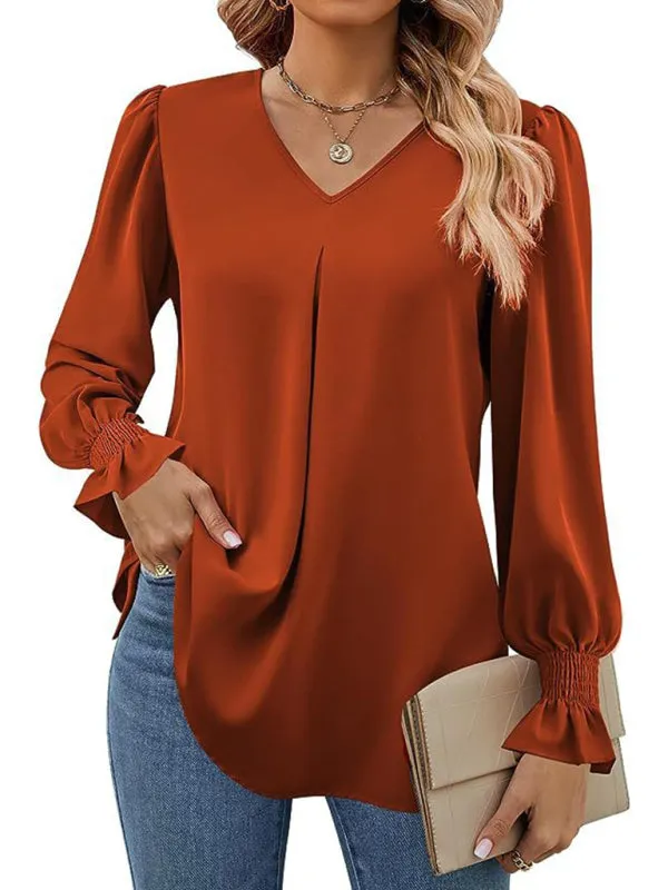 Trendy V-Neck Chiffon Blouse with Ruffle Cuffs