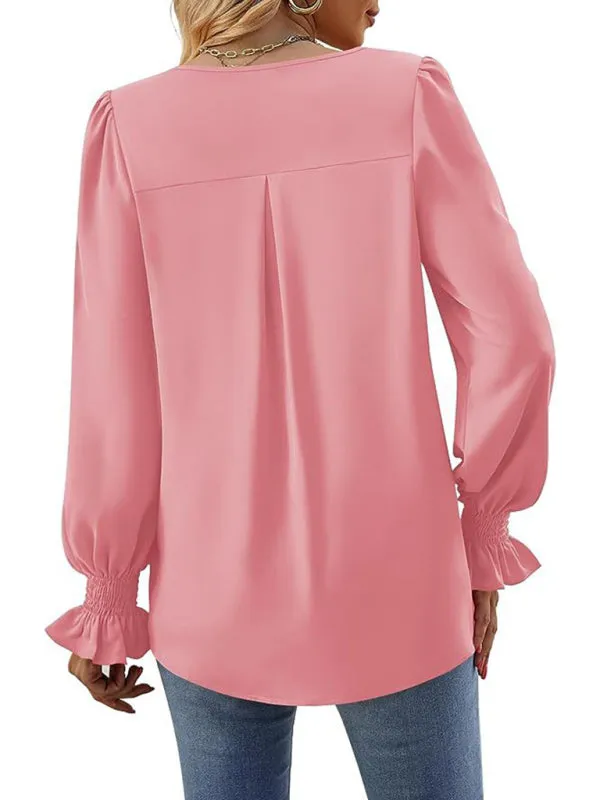 Trendy V-Neck Chiffon Blouse with Ruffle Cuffs