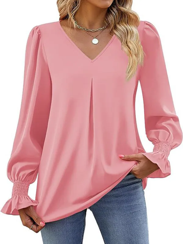 Trendy V-Neck Chiffon Blouse with Ruffle Cuffs