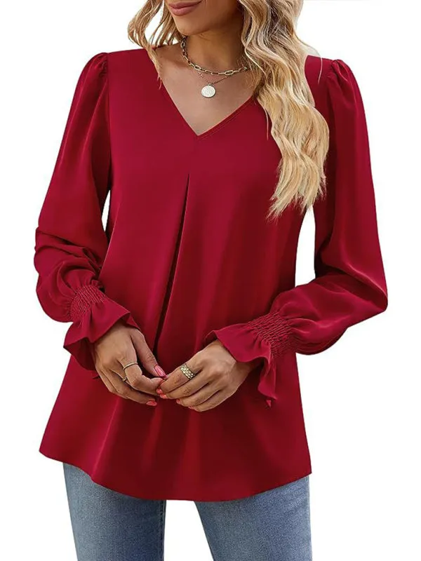 Trendy V-Neck Chiffon Blouse with Ruffle Cuffs