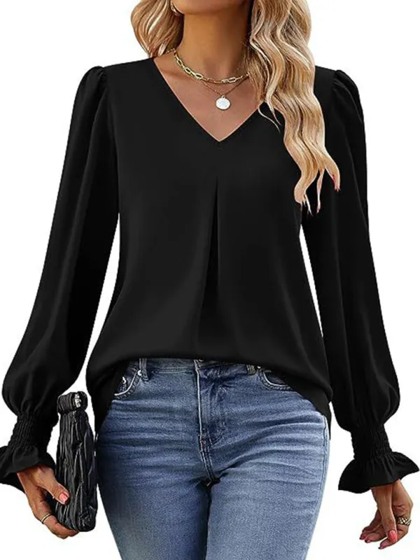 Trendy V-Neck Chiffon Blouse with Ruffle Cuffs