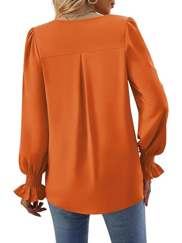 Trendy V-Neck Chiffon Blouse with Ruffle Cuffs