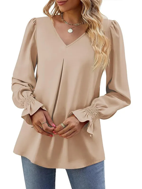 Trendy V-Neck Chiffon Blouse with Ruffle Cuffs