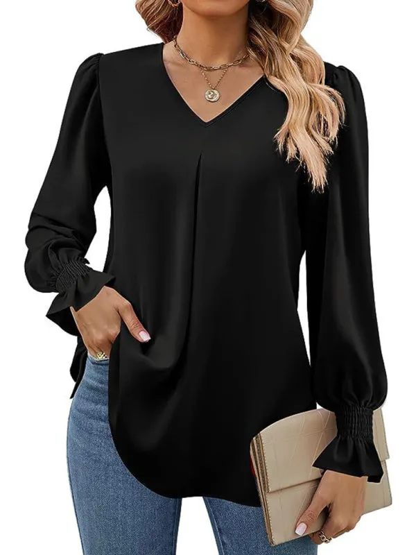 Trendy V-Neck Chiffon Blouse with Ruffle Cuffs