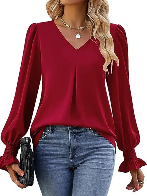 Trendy V-Neck Chiffon Blouse with Ruffle Cuffs