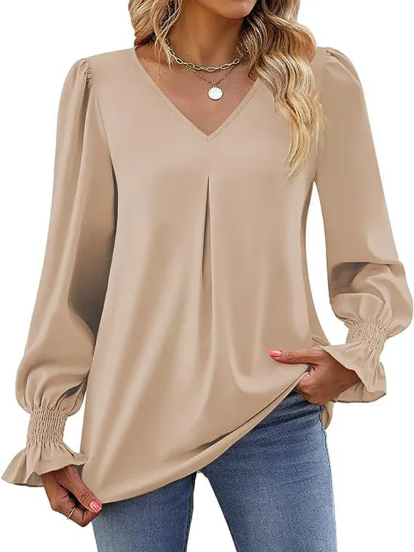 Trendy V-Neck Chiffon Blouse with Ruffle Cuffs