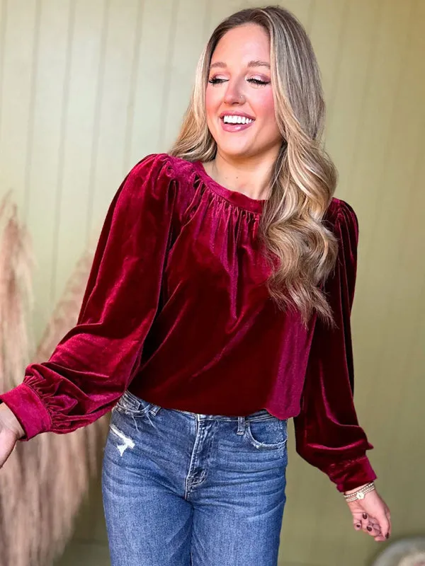 Trendy Velvet Blouse with Bishop Sleeves