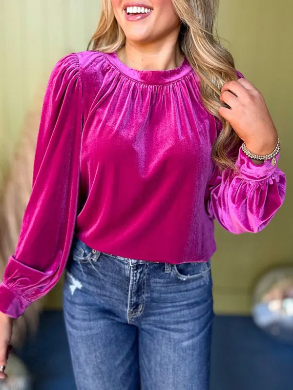 Trendy Velvet Blouse with Bishop Sleeves