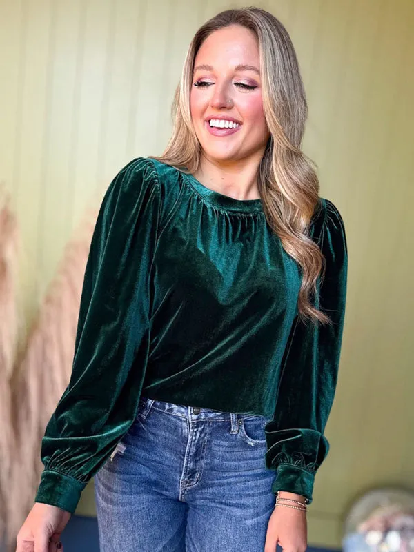 Trendy Velvet Blouse with Bishop Sleeves