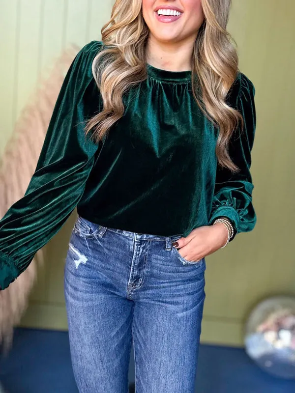 Trendy Velvet Blouse with Bishop Sleeves