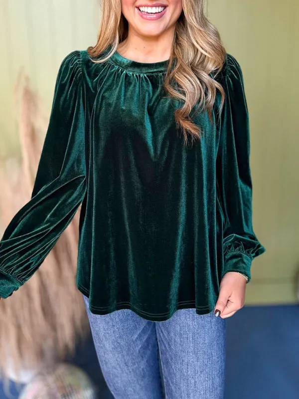 Trendy Velvet Blouse with Bishop Sleeves