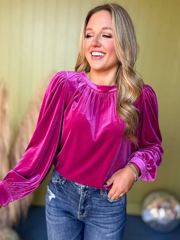 Trendy Velvet Blouse with Bishop Sleeves