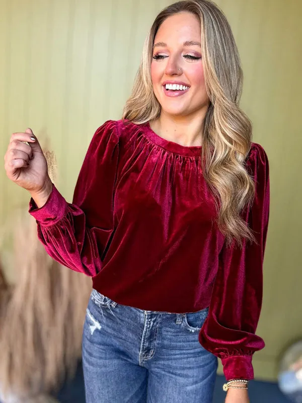 Trendy Velvet Blouse with Bishop Sleeves