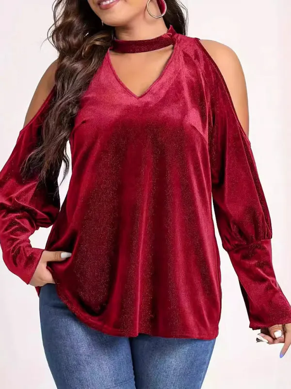 Trendy Velvet Cold Shoulder Blouse with Glitter