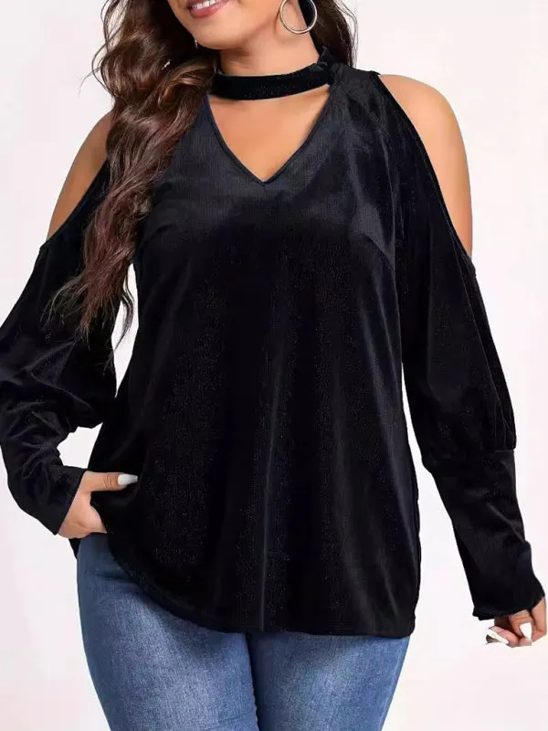 Trendy Velvet Cold Shoulder Blouse with Glitter