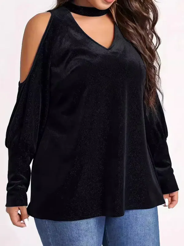 Trendy Velvet Cold Shoulder Blouse with Glitter