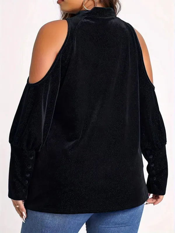 Trendy Velvet Cold Shoulder Blouse with Glitter