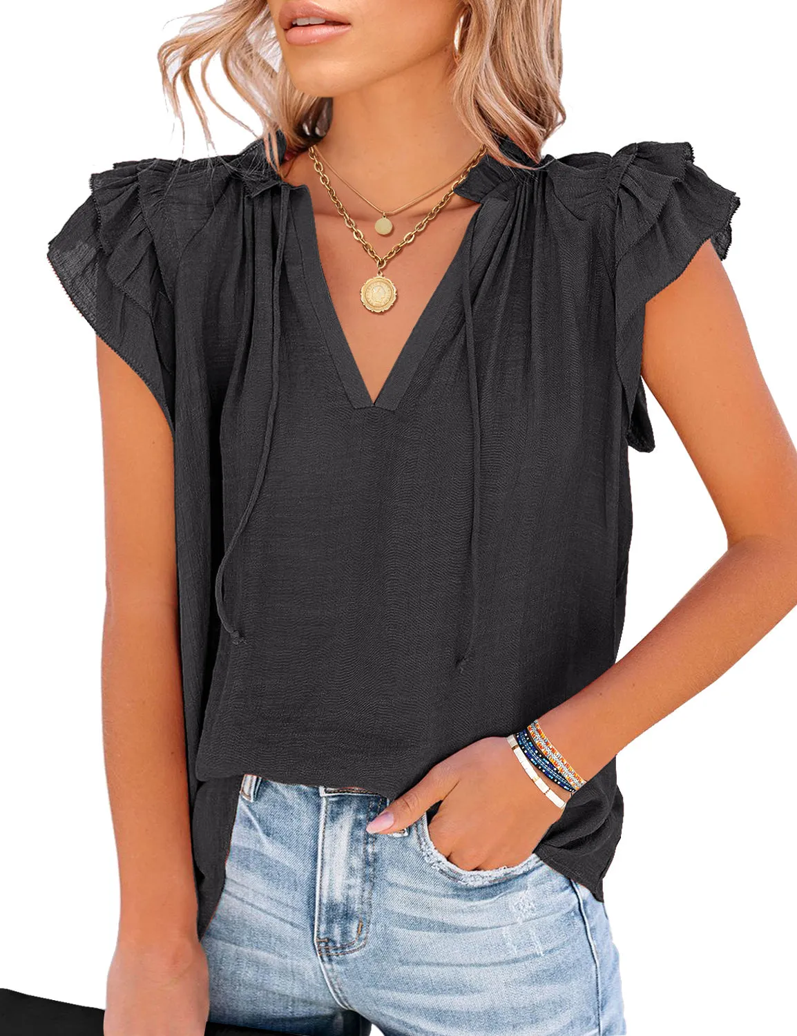 Vetinee Women's Casual Summer Blouses Classic V-Neck Flutter Cap Sleeve Tops