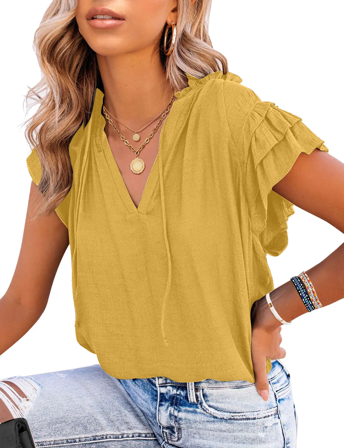 Vetinee Women's Casual Summer Blouses Classic V-Neck Flutter Cap Sleeve Tops