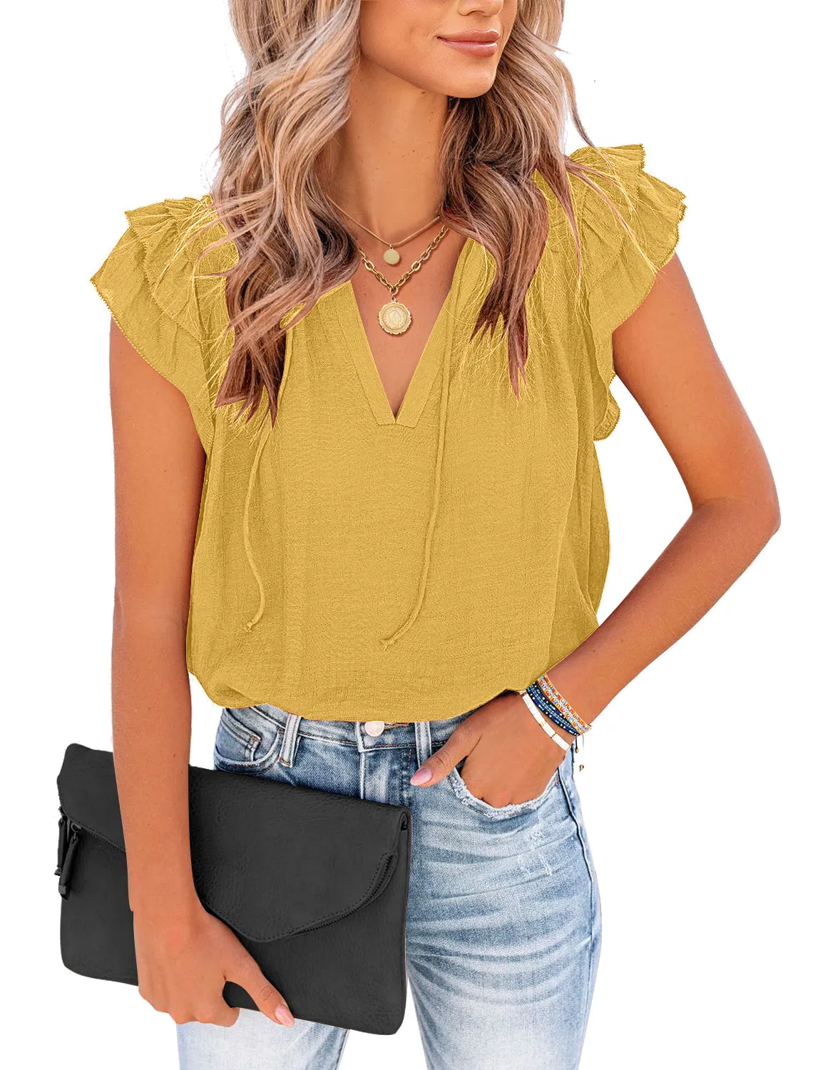 Vetinee Women's Casual Summer Blouses Classic V-Neck Flutter Cap Sleeve Tops