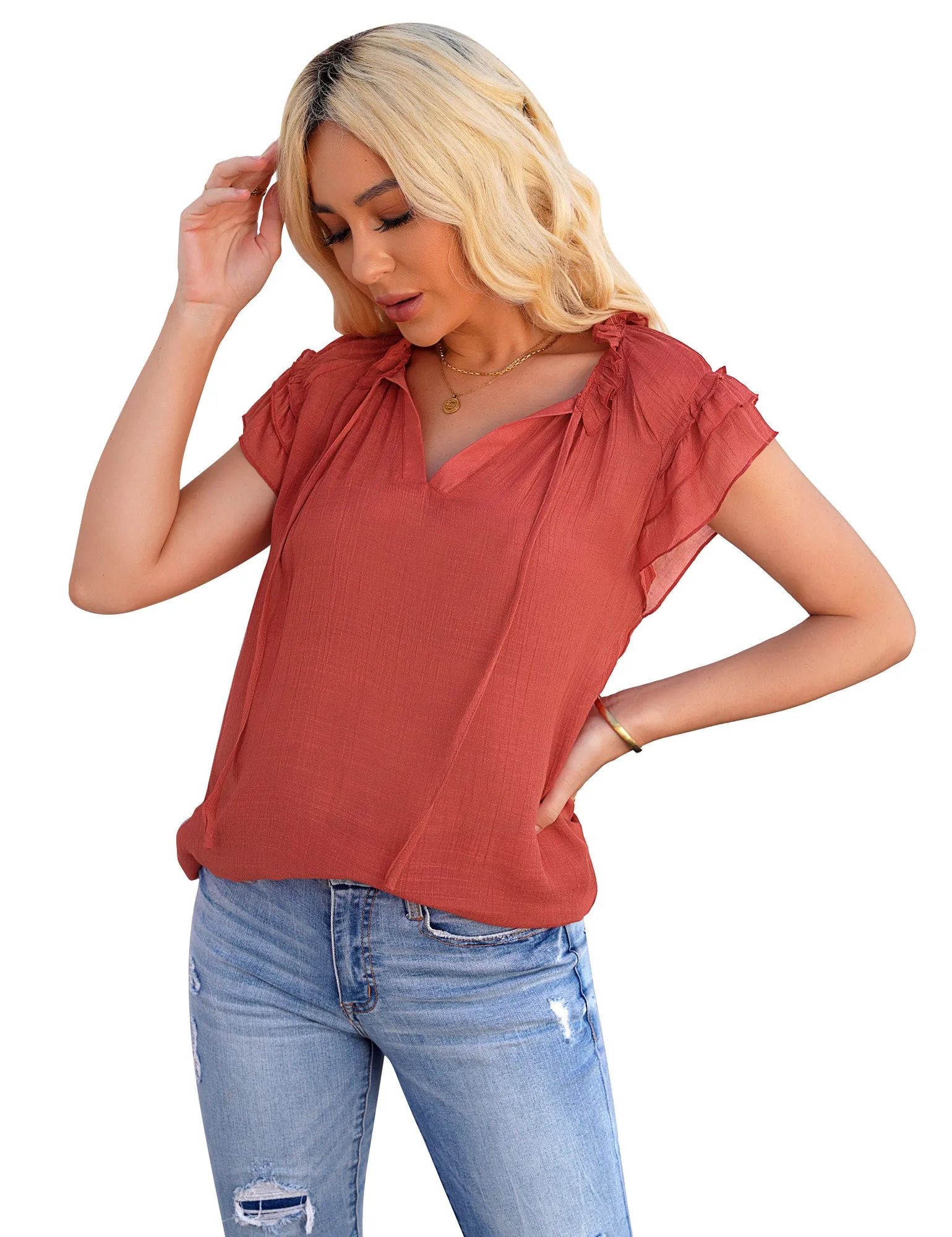 Vetinee Women's Casual Summer Blouses Classic V-Neck Flutter Cap Sleeve Tops