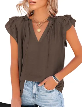 Vetinee Women's Casual Summer Blouses Classic V-Neck Flutter Cap Sleeve Tops