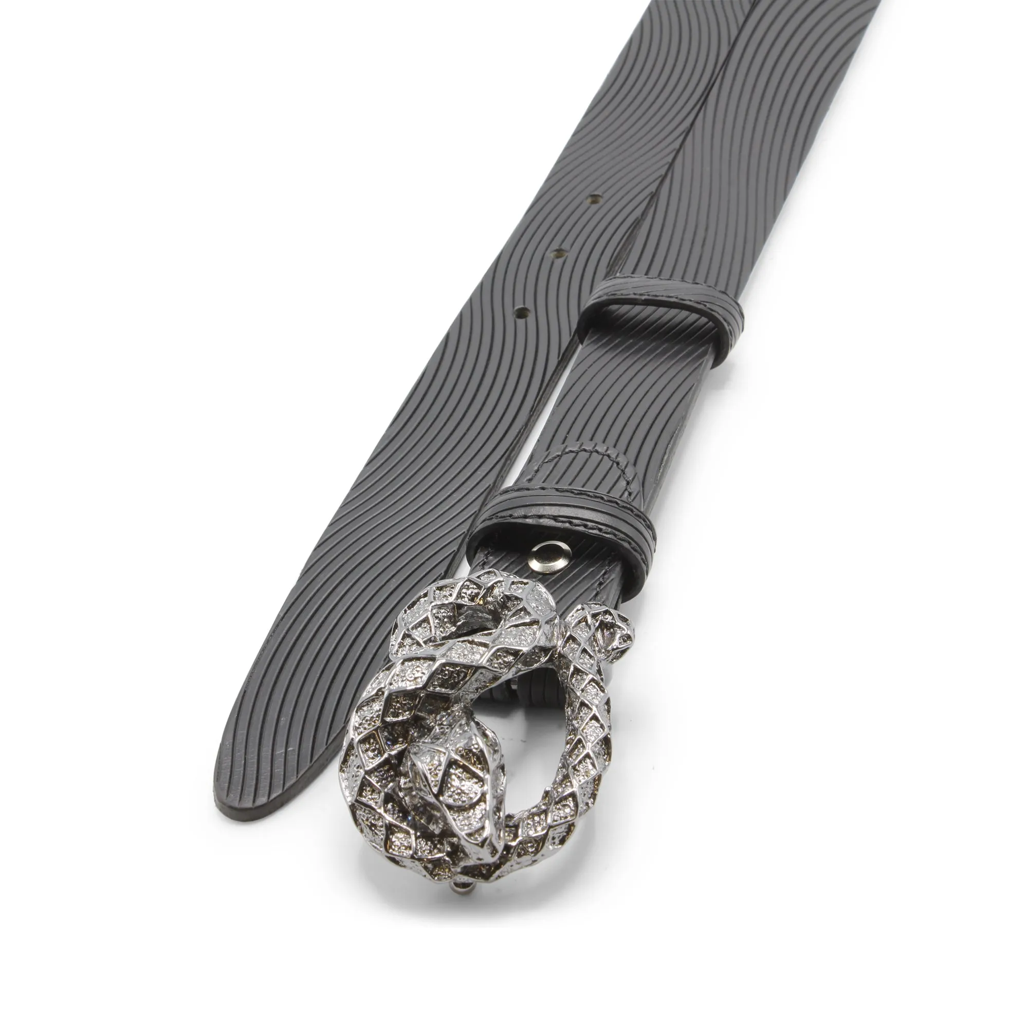 Wave Texture Narrow Black Wrapped Snake Belt