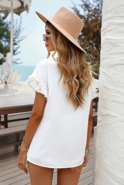 White V Neck Ruffle Short Sleeve Blouse