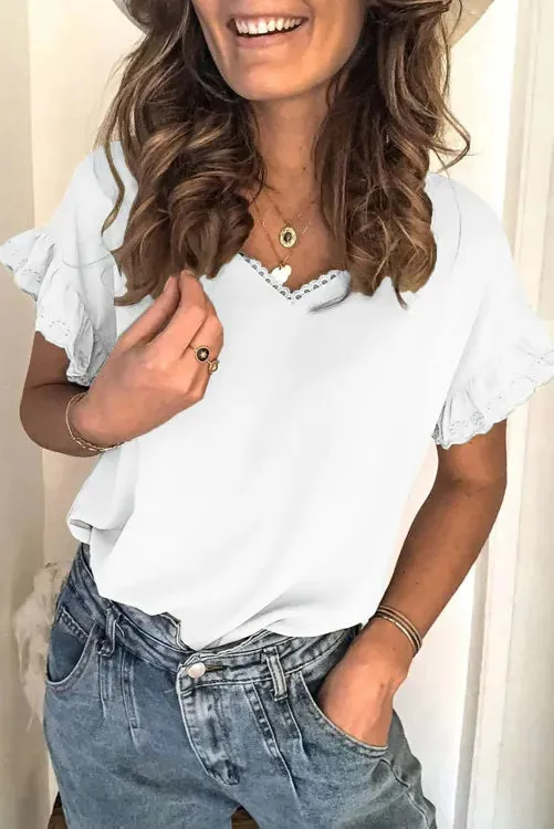 White V Neck Ruffle Short Sleeve Blouse