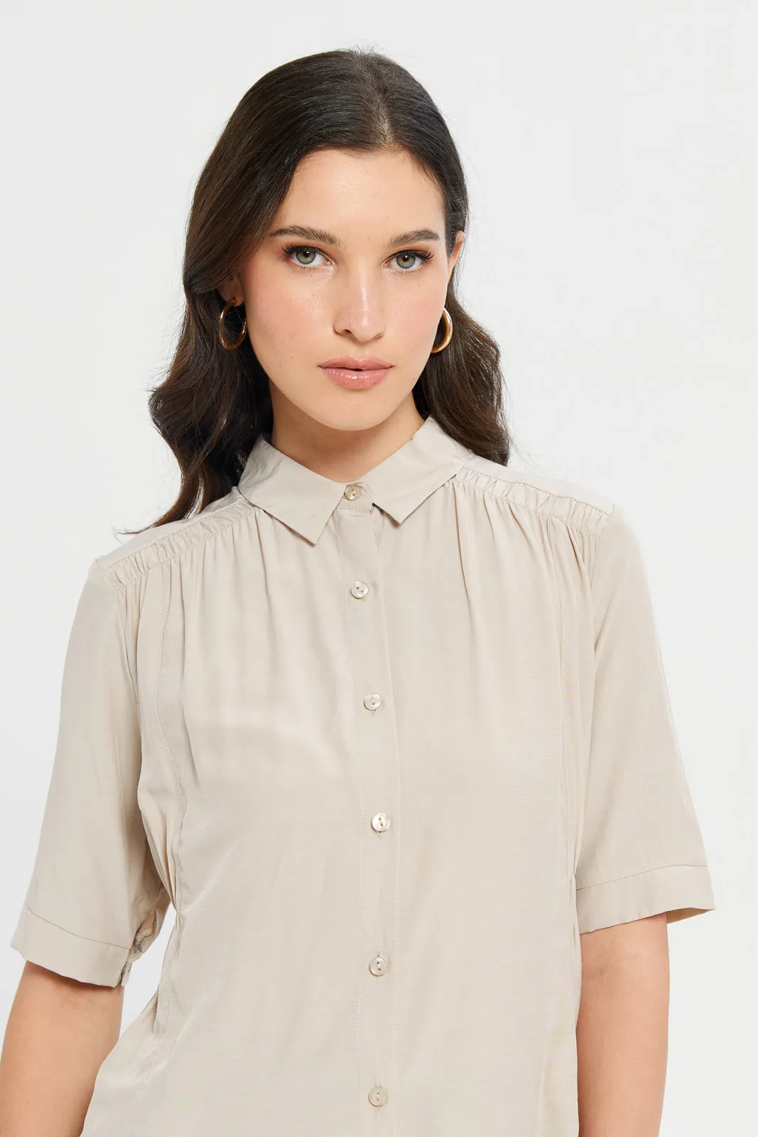 Women Beige Waist Pleated Detailed Shirt