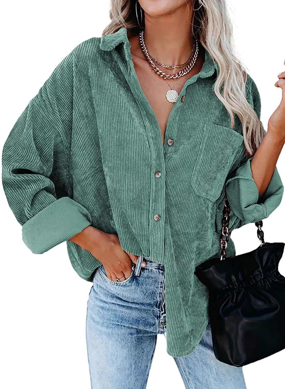 Women Corduroy Long Sleeve Button Down Blouses