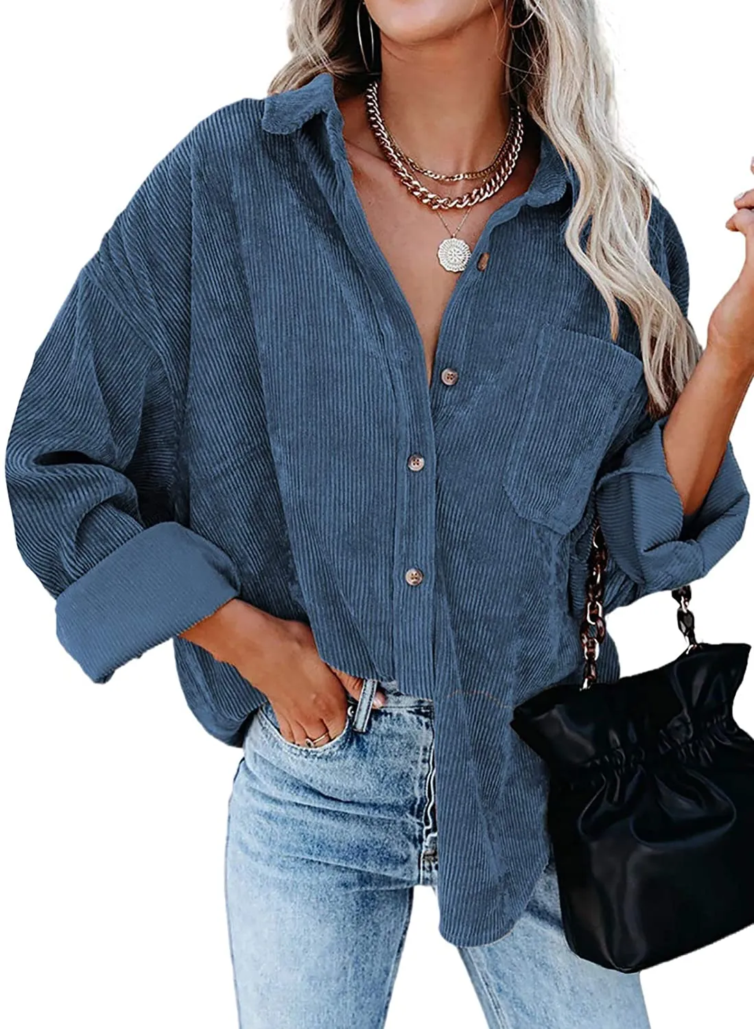 Women Corduroy Long Sleeve Button Down Blouses