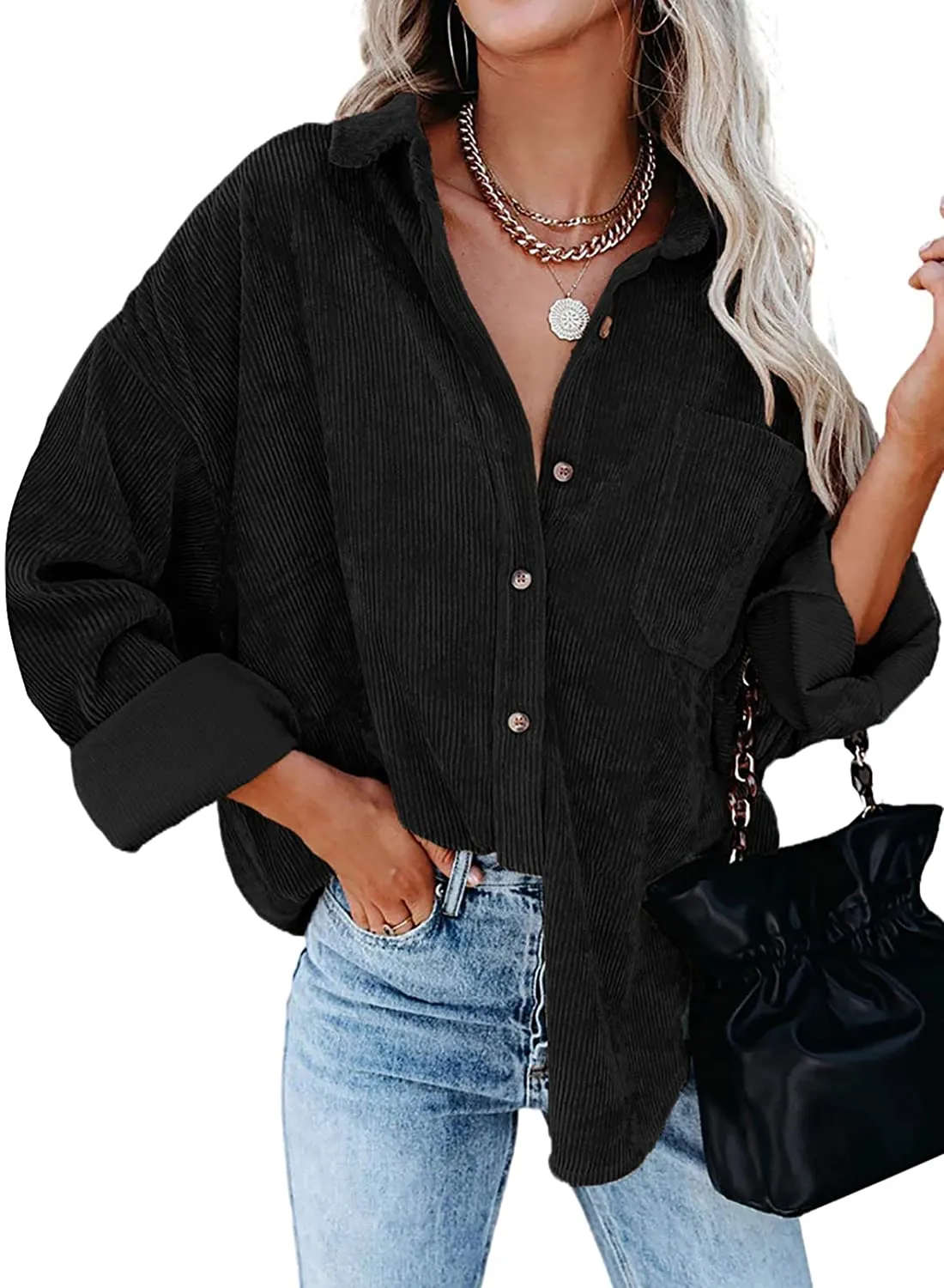 Women Corduroy Long Sleeve Button Down Blouses