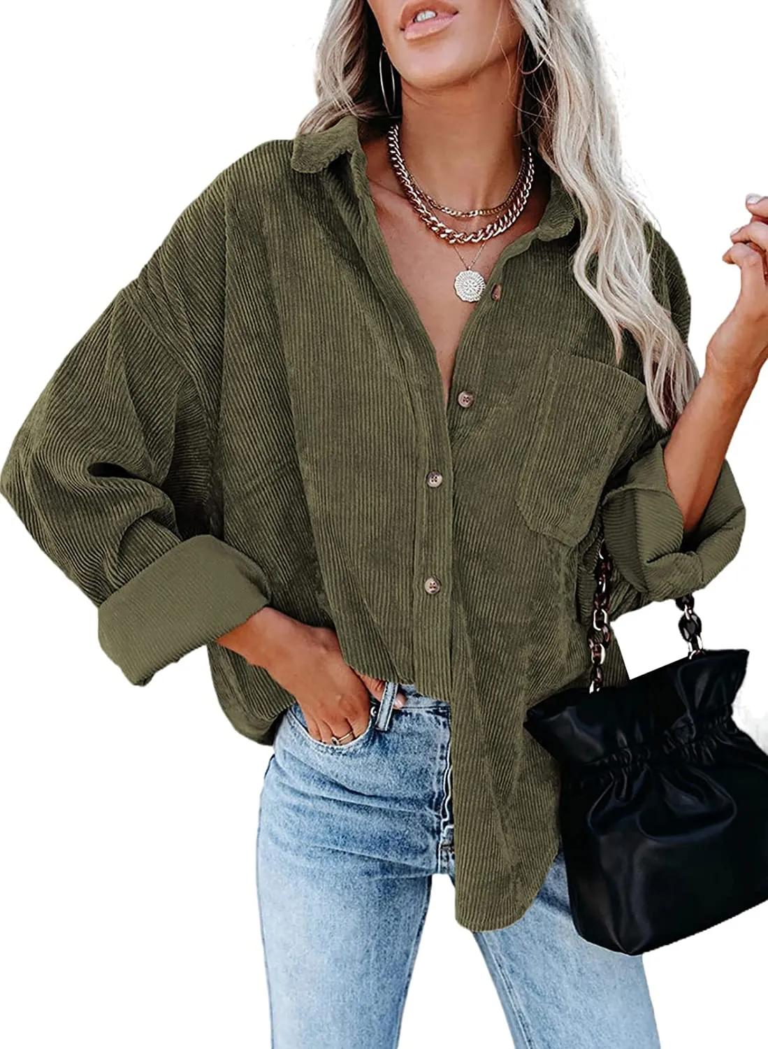 Women Corduroy Long Sleeve Button Down Blouses