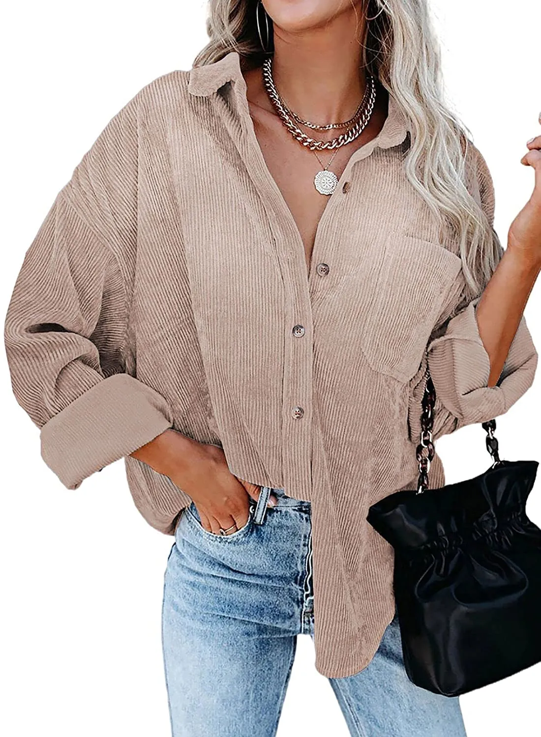 Women Corduroy Long Sleeve Button Down Blouses