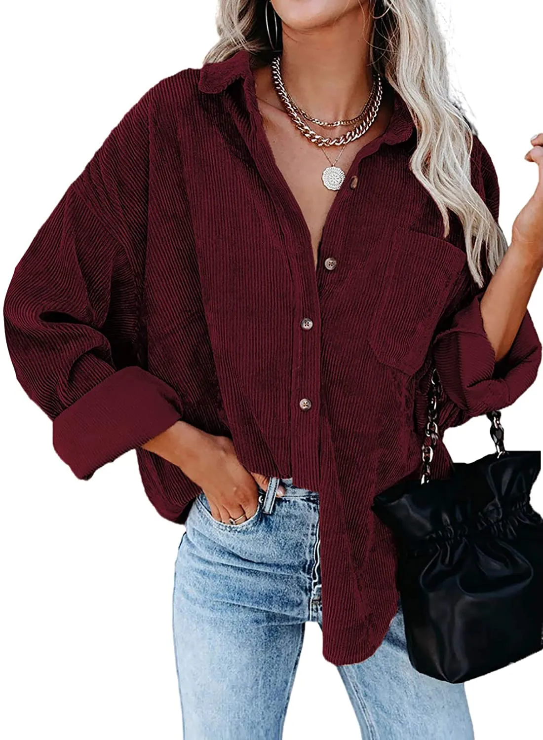 Women Corduroy Long Sleeve Button Down Blouses