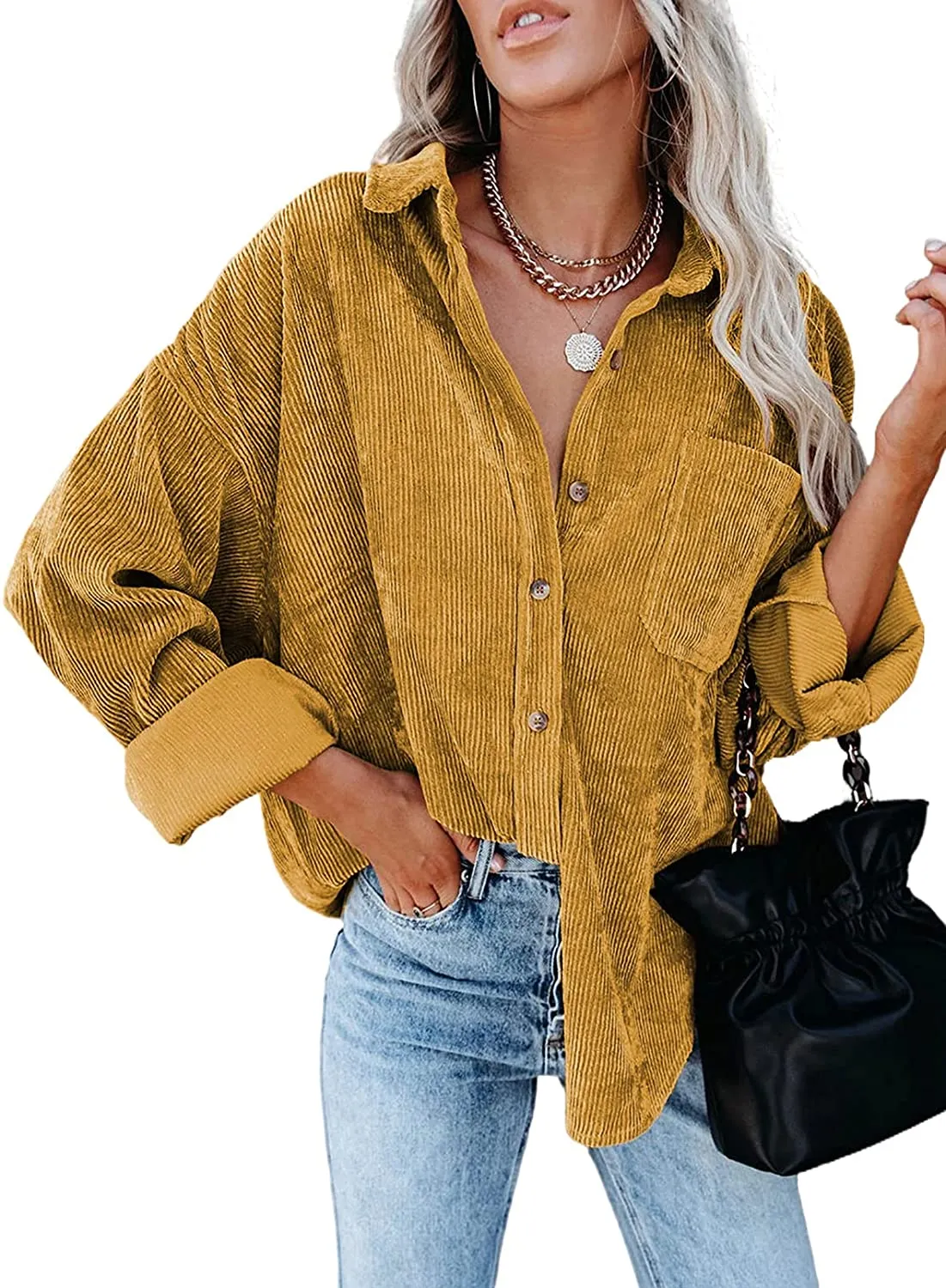 Women Corduroy Long Sleeve Button Down Blouses